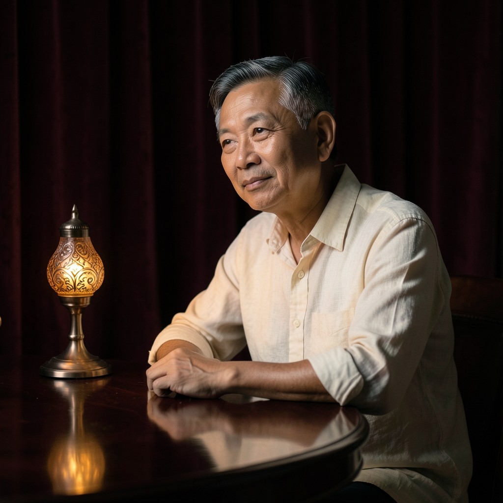 Portrait of Niran Chaiyaphum seated beside a copper lamp in a dark wood room