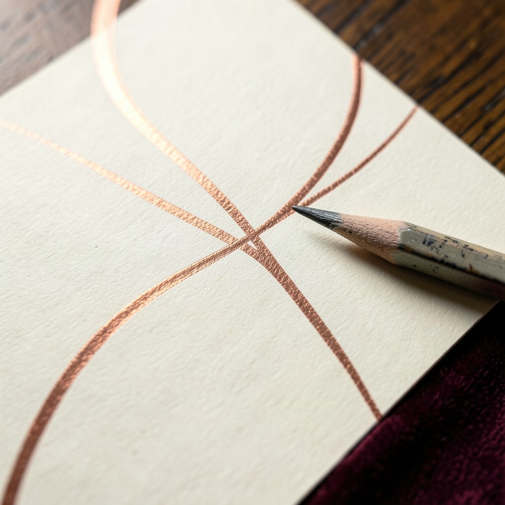 Two smooth copper curves crossing on cream paper beside a pencil