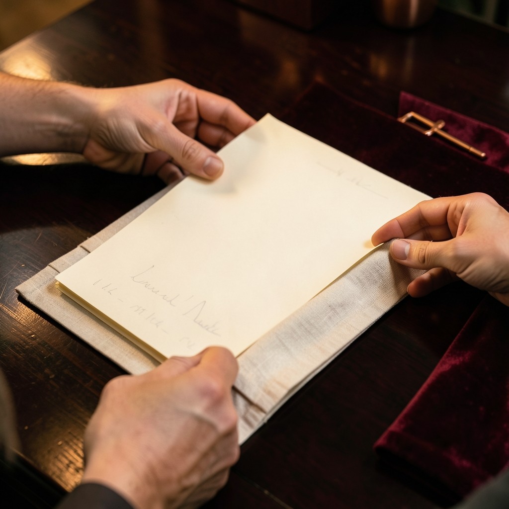 Hands opening a linen folder of cream sheets on a dark wood desk