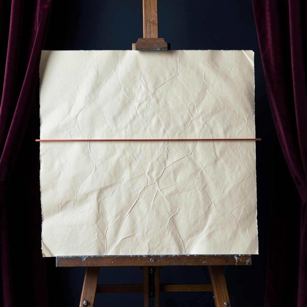 A thin copper line stretched across cream paper on a wood easel in a dim room
