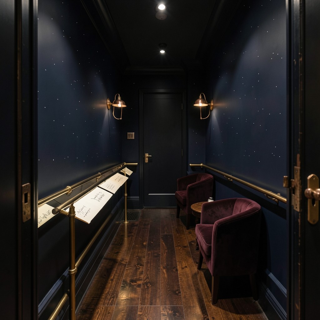 The empty chart room with a brass rail, velvet chairs, and copper fixtures