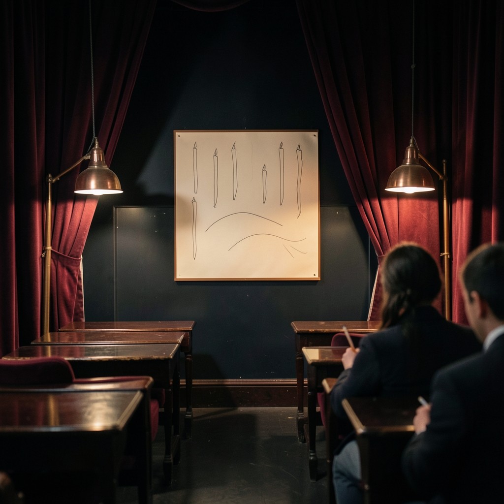 A dim velvet-draped classroom with a large paper chart and copper lamp light