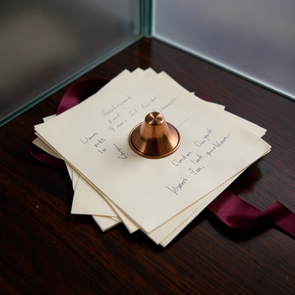 A stack of cream chart sheets with a copper clip and burgundy ribbon on dark wood