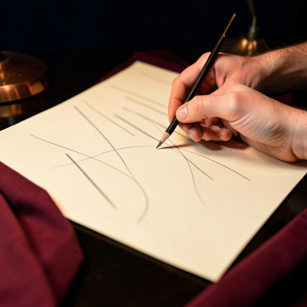 Hands marking an abstract paper chart under a copper lamp on a dark wood desk