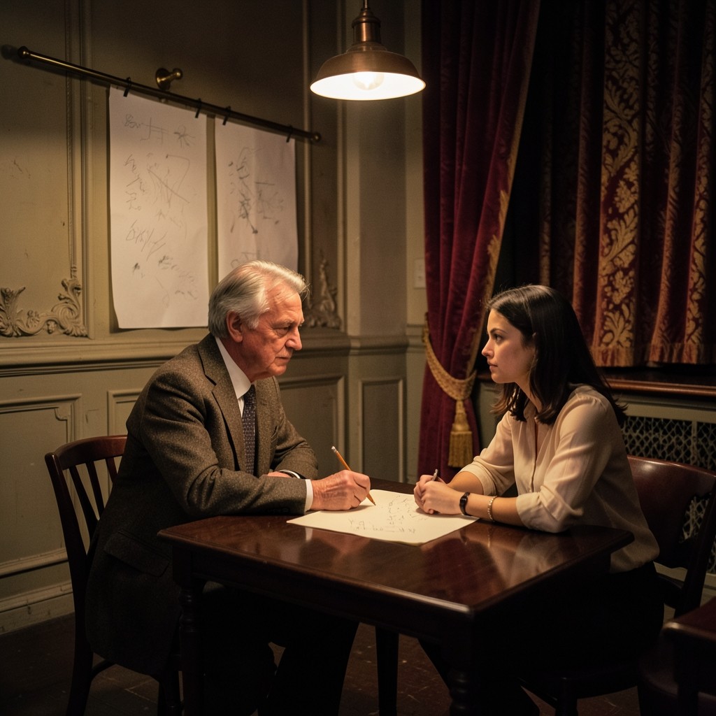 An instructor and one student reviewing paper charts clipped to a brass rail in a velvet-draped room