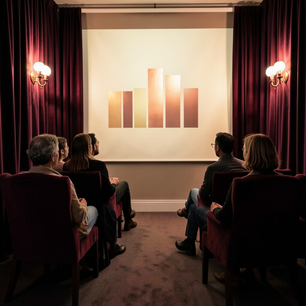 A small evening class facing a large paper chart in a dark room lit by copper sconces